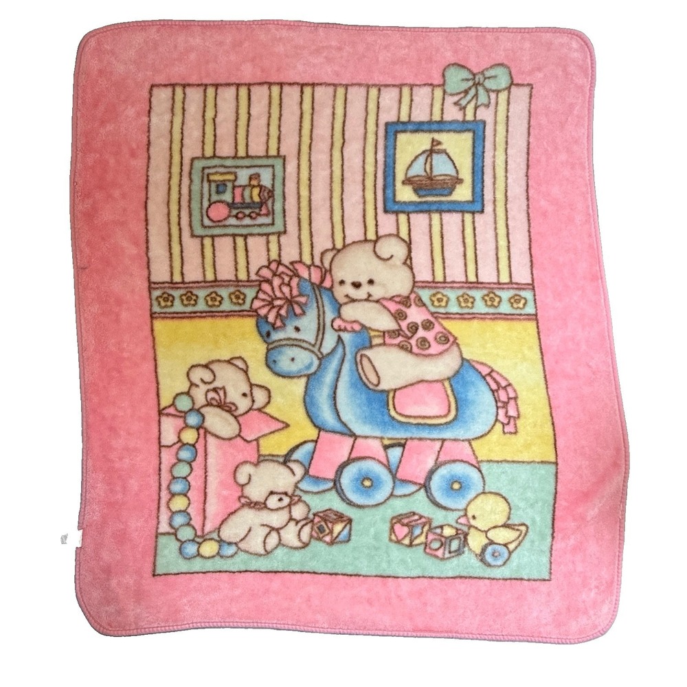 Vtg Baby Blanket Teddy Bear Rocking Horse Chick Pink Mink Kawaii Plush Bow Korea